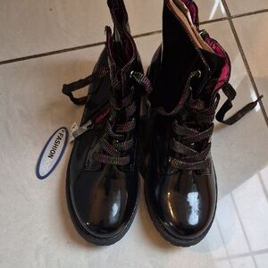 Girls Black Patent Lace-Up Boots with Pink Interior